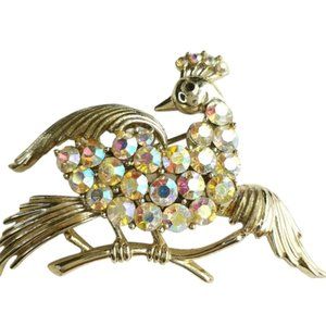 Vintage 50s Coro peacock brooch in gold tone a/b crystals